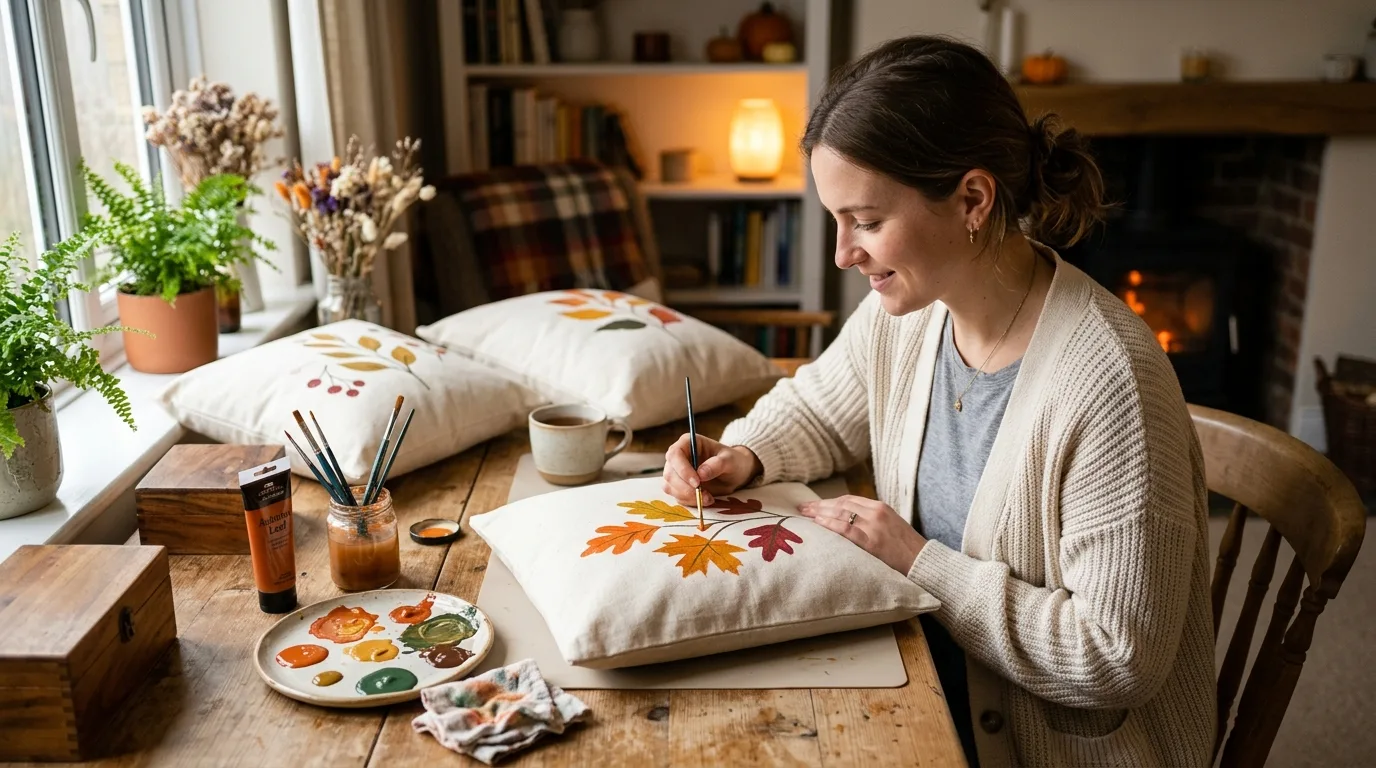 DIY hand-painted Thanksgiving pillow cover setup